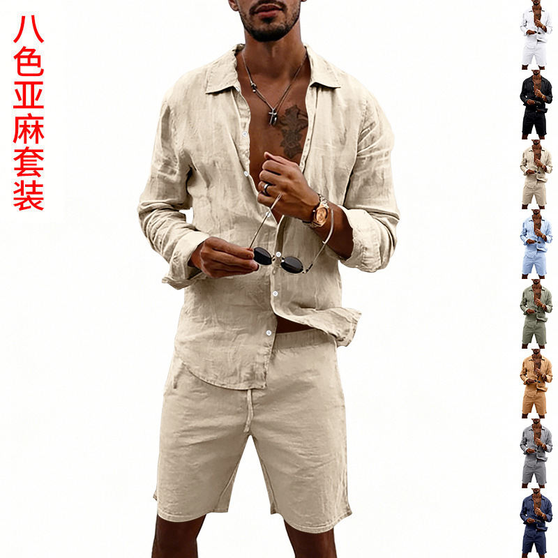 Linen Shorts Men - Ensemble chemise cardigan décontractée à manches