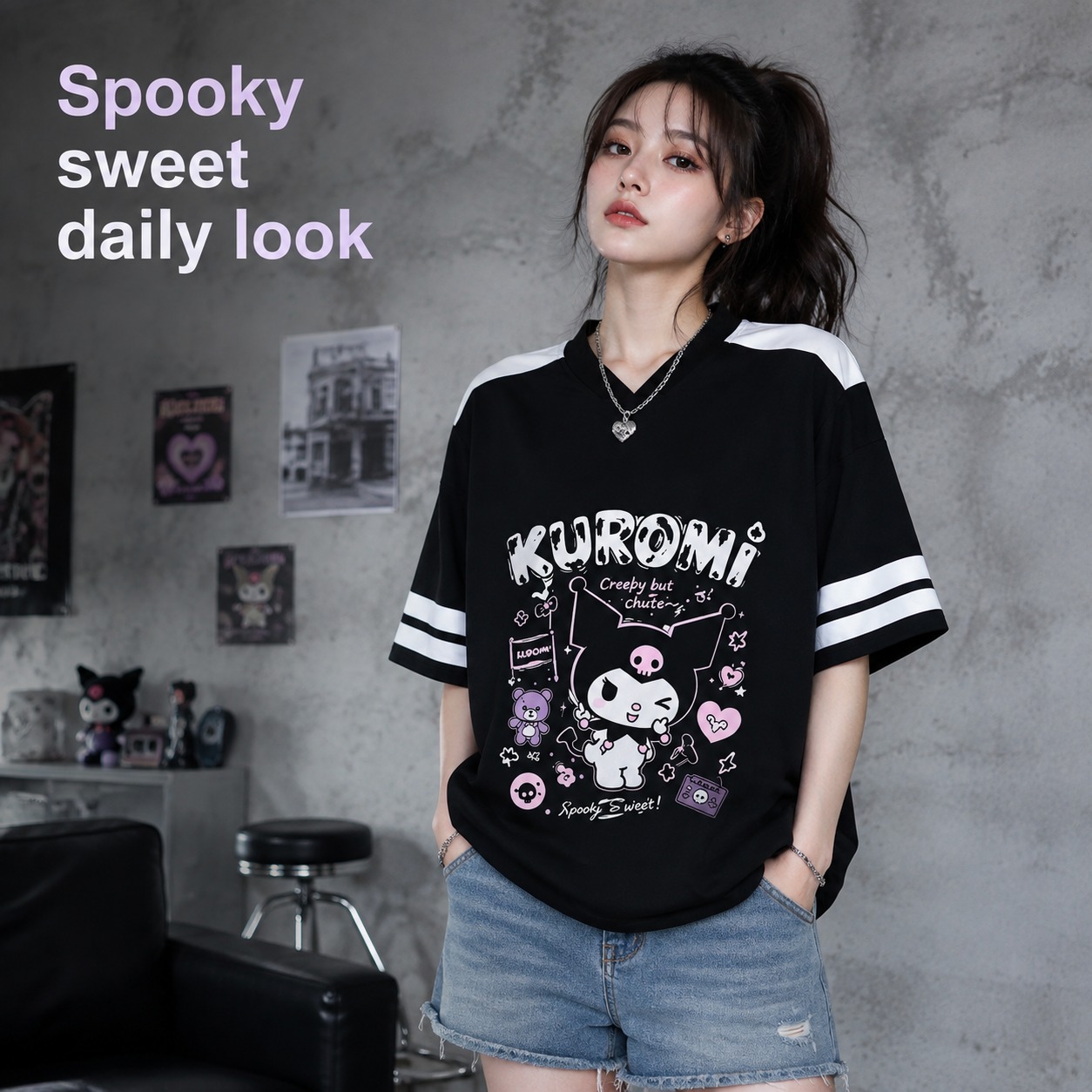 Summer Goth Clothing - T-shirt décontracté noir et blanc Kuromi