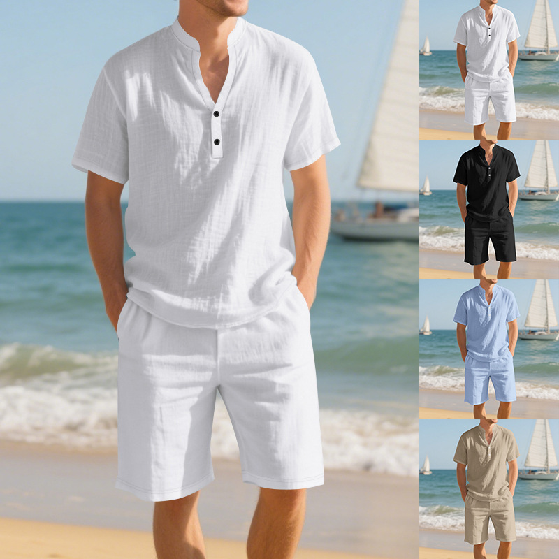 Linen Shorts Men - Ensemble homme été, chemise Henley en