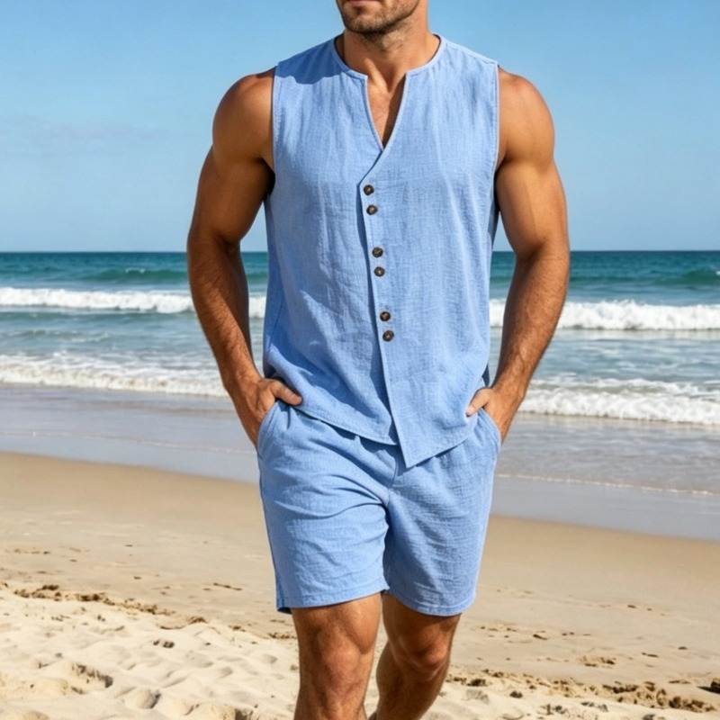 Ensemble chemise sans manches  - Linen Shorts Men avis et prix